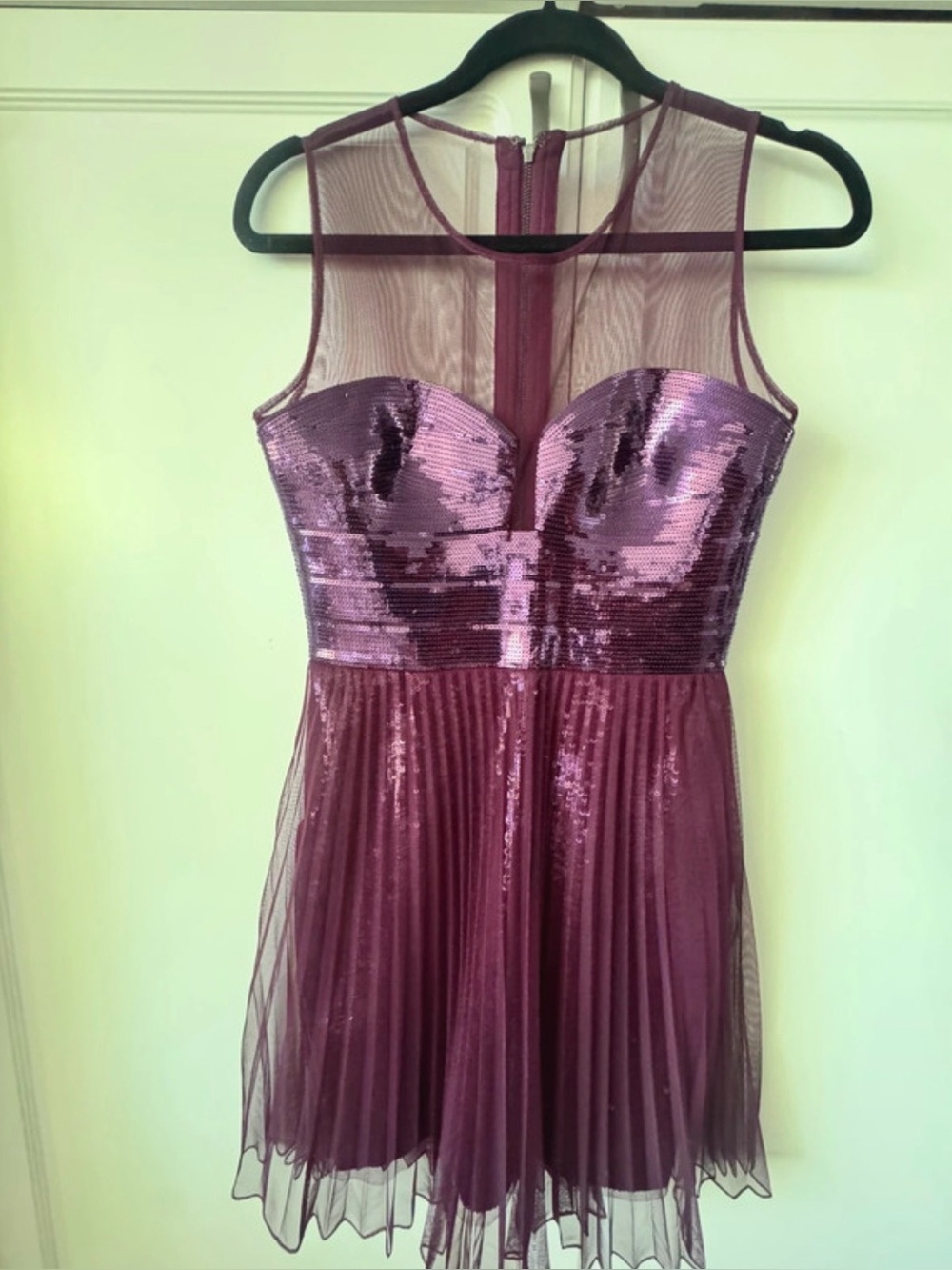 BCBG Sequined Mesh Pleated Mini Dress in Plum